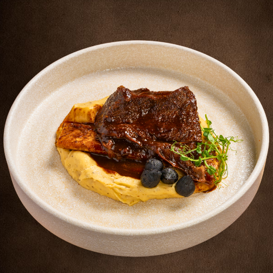 Slow-Cooked Beef Ribs, Black Garlic Sauce